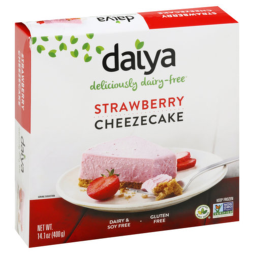 Deliciously Dairy-free. Dairy & Soy free. Gluten free. Vegan. Non-GMO Project verified. nongmoproject.org. Finally! A dairy-free dream come true. Who doesn't love cheesecake? That wonderfully delicious treat that makes dessert or snack time so special. Our rich and creamy fillings and artisan gluten-free crusts are worthy of the finest restaurants. Discover how delicious dairy-free and plant-based can be! Certified: Plant Based. www.daiyafoods.com. Questions or comments? 1 (877) 324-9211. www.daiyafoods.com. Available in 4 flavors: New York, Lime, Chocolate and Strawberry Flavors.  Please recycle. Product of Canada.