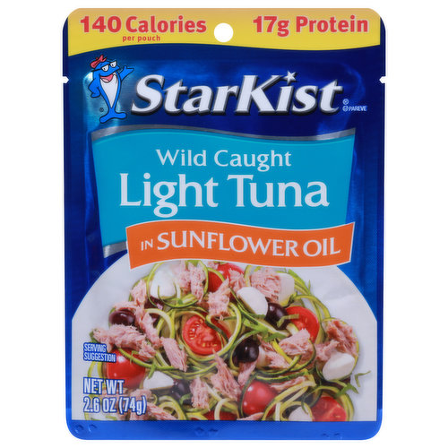 Tear. Eat. Go. Our wild caught light tuna is hand-packed in sunflower oil in a convenient flavor fresh pouch. It has a delicious, mild flavor that will enhance any meal, and there is no draining required. Enjoy in pasta, salads or on crackers - just tear, eat and go! Did you know? Light tuna has: More protein than 1 large egg. More DHA & EPA omega-3s than 3 oz of cod. Dolphin safe.