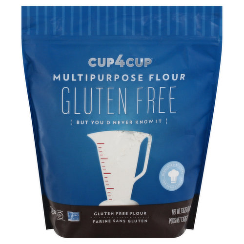 Certified Gluten-free. Produced in a certified gluten free facility that is also free of tree nuts, peanuts and soy. Non GMO Project verified. nongmoproject.org. But you'd never know it. Develop by chefs for every kitchen. Gluten free flour. Giving up gluten doesn't mean giving up the foods you've always loved. Chef Thomas Keller. Cup4Cup Multipurpose Flour - our original gluten free flour - allows you to replace traditional flour in your favorite recipes, literally "cup for cup". Developed by chefs at Thomas Keller's acclaimed restaurant, The French Laundry, our flour lets you seamlessly make your favorite recipes - from cookies to biscuits, cakes to quick breads - gluten free, with the same great taste, texture and performance you expect from traditional flour. Our flavor is also great for frying, thickening sauces, and making pasta. Gluten free, but you'd never know it. Premium taste, texture. and performance. www.cup4cup.com. Facebook. Twitter. Instagram. Pinterest. For more cooking tips & recipes, visit us at www.cup4cup.com. Made in USA.