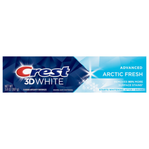 Brighten your smile with Crest 3D White Arctic Fresh Whitening Toothpaste. The New and Improved Formula removes up to 90% of surface stains, protects against future stains & starts whitening your teeth after 1 brush. 3D White fluoride toothpaste also strengthens your tooth enamel and helps protect against cavities.