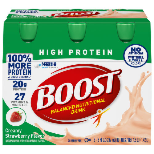 Nestle - HealthScience. Muscle health & energy (Boost High Protein drink contains 20 g protein for muscle health and 250 nutrient-rich calories with B-vitamins to help convert food to energy). Key Nutrients for Immune Support: Vitamins C & D; Zinc, iron & selenium. Immune Support: Discover key nutrients found in Boost nutritional drinks to help support the immune system. Vitamins. Protein. Minerals. Boost Nutritional Drinks help you get more out of life today and tomorrow with tailored nutrition to help meet your needs. Contains no fruit. Suitable for lactose intolerance. Not for individuals with galactosemia. Balanced nutritional drink to help you be your best!
