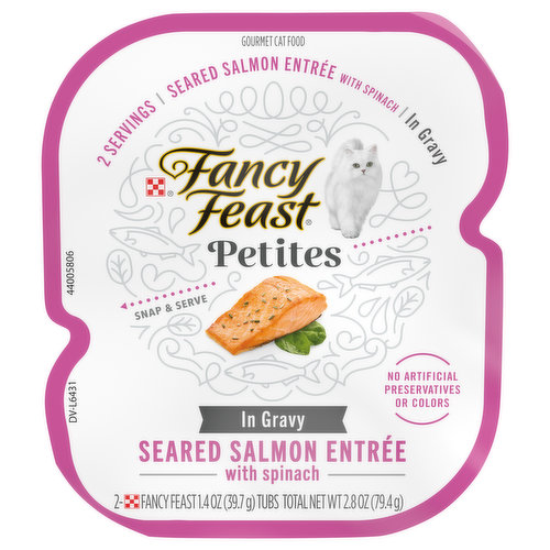 Calorie Content (calculated)(ME): 785 kcal/kg, 31 kcal/serving Fancy Feast Petites Seared Salmon Entree with Spinach in Gravy is formulated to meet the nutritional levels established by the AAFCO Cat Food Nutrient Profiles for maintenance of adult cats. 2 servings. No artificial preservatives or colors. Snap & serve. Purina.com. Printed in USA. Send your fish-craving bon vivant on a bon voyage when you split apart a tub of Purina Fancy Feast Petites Seared Salmon Entree With Spinach in Gravy gourmet wet cat food. Our single serve cat food with salmon provides a perfectly sized serving for your discriminating eater without leaving you with messy, half-eaten cans in the fridge. The dual-compartment container makes catering to her appetite for high-quality seafood a quick, fuss-free pleasure for you. Each delectable serving is carefully crafted with real salmon made all the more tempting by a luscious gravy that elevates her dining experience. As she delights in cleaning her dish, you can appreciate that the tender chunks with salmon and gravy contain no artificial preservatives or colors. Make her culinary-inspired dreams come true with Purina Fancy Feast Petites Seared Salmon Entree With Spinach wet cat food in gravy. It’s just one of the innovative and irresistible Purina Fancy Feast Petites entrees that make it easy for you to indulge your fastidious feline with a just-right amount of gourmet cat food whenever her heart desires.; Discover one more way to show your treasured feline you’re always thinking about her happiness with Purina Fancy Feast Petites Seared Salmon Entree With Spinach in Gravy gourmet wet cat food. Two perfectly sized single servings in each pull-apart tub ensure your furry companion always finds delicious, just-opened gourmet cat food in her dish. Purina Fancy Feast Petites Gourmet wet cat food individual servings put excitement into her dining experience without mess or leftovers. Our flavorsome Fancy Feast salmon recipe features tender chunks with real salmon bathed in a heavenly gravy that inspires her to enjoy every last morsel. We know ingredients are important to you, which is why we thoughtfully craft this wet cat food in gravy without artificial colors or preservatives. For more heartwarming ways to nurture the special relationship you share with your cat, explore the decadent collection of Purina Fancy Feast Broths. Cats who thrill over finding fish on the menu are sure to relish both the Purina Fancy Feast Classic Seafood and Creamy Seafood Broths 12-count variety packs, each containing three ocean-inspired recipes. We understand your cat is an exceptional creature, with unique needs and extraordinary attributes all her own. Nothing brings you joy like caring for her in the loving, attentive way only you can. Purina Fancy Feast shares your devotion to pampering your cat. The proof is clearly seen in our always-expanding portfolio of over 100 irresistible recipes and varieties of cat food, treats and complements. Each innovative product we create features delicious details to help you delight your cat in endless ways, day after day. As the number 1 Gourmet Wet Cat food brand in the United States (based on Retail Sales) with a history dating back to 1982, Purina Fancy Feast has the expertise and the experience to know what cats crave.; Help your cat find her sea legs when you break apart a tub of this Purina Fancy Feast Petites Seared Salmon Entree With Spinach in Gravy gourmet wet cat food at dinnertime.