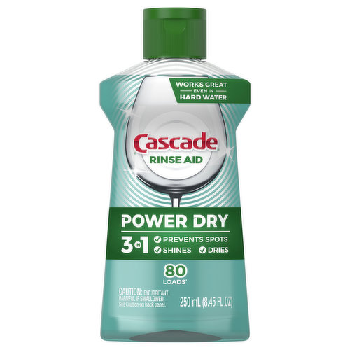 80 loads (loads based on average rinse aid release of leading dishwashers). Works great even in hard water. 3 in 1: Prevents spots; Shines; Dries. www.cascadeclean.com. how2recycle.info. Questions? 1-800-765-5516. www.cascadeclean.com.