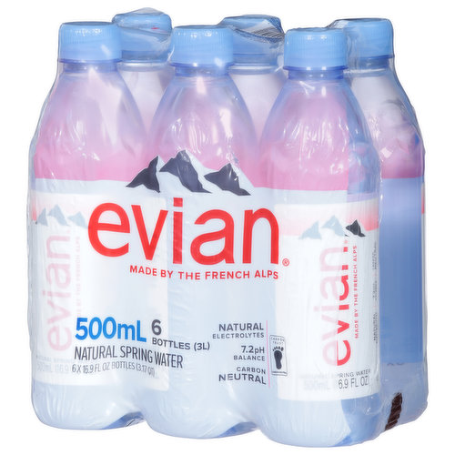 evian natural spring water 500mL bottles, 6 pack, 6 x 500mL