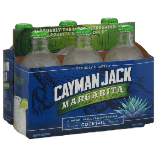 Premium malt beverage with natural flavors. Flavored ale. Proudly crafted. Made with lime juice & agave nectar. Premium cocktail prepared. Arguably the most refreshing Margarita in the world. Crafted to remove gluten. Good things come to those who wait, don't drink until you are 21. www.caymanjack.com. For more information on how Cayman Jack is crafted to remove gluten go to caymanjack.com. 5.8% Alc./Vol. 11.6 Made by American Vintage Beverage Co., Rochester, NY, Memphis, TN, La Crosse, WI and Cold Spring, MN.
