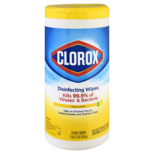 Safe on finished wood, sealed granite and stainless steel. Bleach-free. Kills 99.9% of viruses (Human Coronavirus, Influenza A2 Virus) & bacteria. Kills Staph (Staphylococcus aureus), E. coli (Escherichia coli 0157:H7), MRSA (Methicillin-resistant Staphylococcus aureus), Salmonella (Salmonella enterica), Strep (Streptococcus pyogenes), and Kleb (Klebsiella pneumoniae). Kills cold and flu viruses (Human Coronavirus, Influenza A2 Virus) Triple layered for 5x cleaning power (Removes dirt, removes grime, removes allergens) (Pet dander, dust mite matter, pollen particles, grass). The easy way to clean and disinfect. Use on hard, nonporous, non-food-contact surfaces. Kills 99.9% of germs (Pseudomonas aeruginosa, Salmonella enterica, Staphylococcus aureus, Influenza A2 Virus) around your home, office and classroom! Contains no phosphorus. www.clorox.com. how2recycle.info. Questions or Comments? Please visit www.clorox.com or call (800) 227-1860. For more product ingredient information, visit www.smartlabel.org. Made in USA of global components.