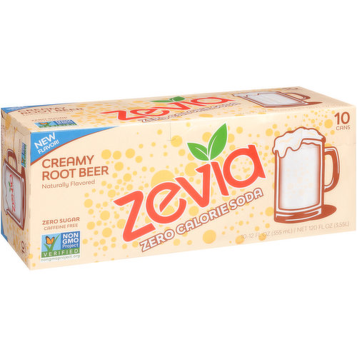 Naturally flavored. Zero sugar. Certified Gluten-free. Vegan. Zero calories. caffeine free. Always zero sugar, zero calories and nothing artificial.  Non GMO Project verified. nongmoproject.org. New flavor! Treat the Whole Family to Nostalgic Flavor with our new Zevia Creamy Root Beer. Whether its warm summer nights stargazing in your backyard, dreamy days by the ocean, or indulging in a treat with your family, Zevia Creamy Root Beer akes you back to your favorite carefree days. Live your best. www.zevia.com. Instagram. Facebook. Twitter. Pinterest. (at)zevia. Learn more at zevia.com. Please recycle. Product of the USA. Treat the whole family to nostalgic flavor with our new Zevia Creamy Root Beer.; Whether it's warm summer nights stargazing in your backyard, dreamy days by the ocean, or indulging in a treat with your family, Zevia Creamy Root Beer takes you back to your favorite carefree days.