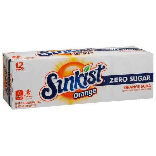 Sunkist Soda, Zero Sugar, Orange, 12 Pack