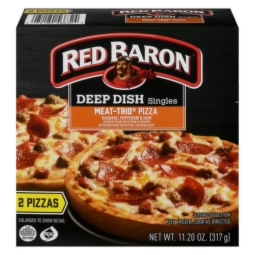 Sausage, pepperoni & ham sausage made with pork & chicken pepperoni made with pork, chicken & beef. Contains bioengineered food ingredients. Real. Quality pizza since 1976. Calm mealtime chaos with the pizza the whole family loves. US inspected and passed by Department of Agriculture. www.redbaron.com. how2recycle.info. Facebook.com/recbaron. Facebook. Redbaron. For information or questions call 1-800-769-7980. Visit our website at www.redbaron.com. Sustainable forestry initiative. Certified sourcing. www.sfiprogram.org.