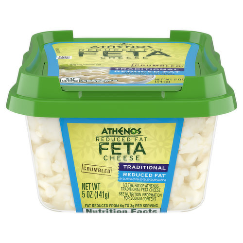 Fat reduced from 6 g to 3 g per serving. 50 calories per 1/4 cup. Reduced fat. 1/3 the fat Athenos traditional feta cheese. See nutrition information for sodium content. Your comments count! 1-800-343-1976. Athenos Reduced Fat Traditional Feta Cheese Crumbles are made simply and with respect for the ingredients. This feta requires extra time and care to create the perfect reduced fat feta with all the same tangy, creamy flavor you love but 1/3 less fat than Athenos Traditional Feta, see nutrition information for saturated fat and sodium content. Made from pasteurized part-skim milk, this reduced fat cheese has 50 calories per 1/4 cup serving. Use these crumbles to create an irresistible stuffed chicken dish, enjoy them as a salad topping, or spread these traditional feta crumbles onto avocado toast for a satisfying afternoon snack. This reduced feta cheese is packaged in a 5 ounce easy-to-open ounce tub that can be resealed to help lock in flavor.