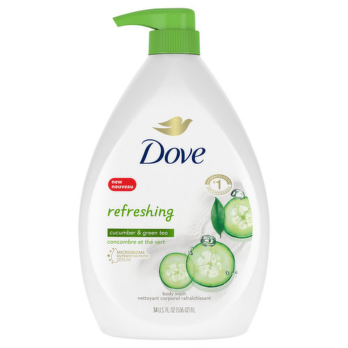 Does your wake-up routine need a shake-up? Designed to invigorate your skin and senses, Dove Refreshing Body Wash combines the care of Dove with cucumber and green tea scent for an uplifting start to the day. Giving you an instant pick-me-up, this quick-rinsing moisturizing body wash has a luxurious lather that leaves you with a fresh feeling, all while helping to moisturize skin.This hydrating body wash is made with naturally-derived gentle cleansers and plant-based moisturizers to cleanse and moisturize skin. The sulfate free body wash is made with Microbiome Nutrient Serum, a blend of prebiotics that helps support your skin’s living protective layer. Reach for this nourishing body wash for noticeably softer and smoother skin in just one use.Dove Refreshing Body Wash, with cucumber and green tea, helps to revitalize skin in just one shower. And that’s not all. Globally, Dove does not test on animals and is certified Cruelty-Free by PETA. This moisturizing body wash also uses a 98% biodegradable formula* and comes in bottles made from 100% recycled plastic.*98% of ingredients break down into carbon dioxide, water & minerals (OECD test methods 301,302 and/or 310)Ready for the revitalizing effect of this moisturizing body wash? Squeeze a generous amount into your palms, then spread all over your body to enjoy the luxuriously foamy lather. While the sulfate free body wash helps cleanse and moisturize skin, take a moment to allow the light and cooling scent of cucumber and green tea to refresh your senses. Rinse off the cleanser with water to reveal revived and refreshed skin.Want to invigorate every shower with a simple trick? After you’ve finished cleansing, slowly lower the temperature of the water. Giving your skin a burst of cold water is a great wake-up call!                           Dove believes that no young person should be held back from reaching their full potential. Since 2004, they’ve been building self-esteem and confidence in young people