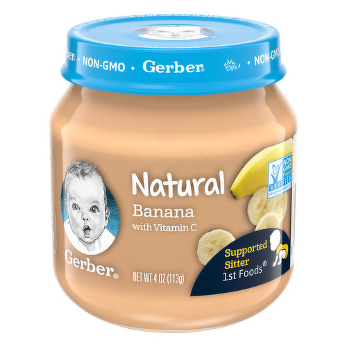 Banana with vitamin C. Banana with vitamin C. Non GMO Project verified. nongmoproject.org. Non-GMO. Supported sitter.  Gerber.com. nongmoproject.org. We're awake when you are: 1-800-4-Gerber, Gerber.com. Start your baby’s lifelong love of fruits and veggies with our single fruit or vegetable baby foods. The texture is just right for introducing solids to your little one. Single-variety fruits or veggies are ideal to introduce new tastes and check for sensitivities.  This recipe includes a lot of love, care and 50% daily value Vitamin C.