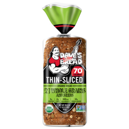 Dave's Killer Bread® 21 Whole Grains & Seeds Thin-Sliced is USDA organic bread with killer taste and texture. It has the hearty texture and subtle sweetness you love of 21 Whole Grains and Seeds bread loaf, but in a thinner slice with 70 calories per slice. 3g protein, 2g fiber, 140mg ALA Omega-3 and 12g whole grains per slice. That's what we call big nutrition in a little slice! Plus, each Non-GMO Project Verified, USDA organic loaf is coated in Dave's signature 21 Whole Grains & Seeds mix. Dave's Killer Bread has no high-fructose corn syrup, no artificial preservatives and no artificial ingredients. You can trust Dave's Killer Bread to deliver killer taste, texture and whole grain nutrition. 21 Whole Grains & Seeds Thin-Sliced is the sliced bread you need for sandwiches, toast and snacks.The story of Dave’s Killer Bread® began at the Portland Farmers Market, when Dave Dahl and his nephew brought some loaves of Dave's bread to sell. For Dave, this marked the beginning of a new chapter in his life. Though he grew up in a family of bakers, his life took a different path. A path that landed him in prison for 15 years. Determined to prove his worth and make a positive impact, Dave worked tirelessly to bake breads that tasted unlike anything else on the market — packed with seeds and grains, made with only the very best organic and Non-GMO Project Verified ingredients. Dave’s Killer Bread® believes everyone is capable of greatness. One in three of the company's employee partners at their Milwaukie, OR bakery has a criminal background—but your past doesn't define your future. As a proud Second Chance Employer, Dave’s Killer Bread® truly believes everyone deserves a second chance to become a Good Seed.