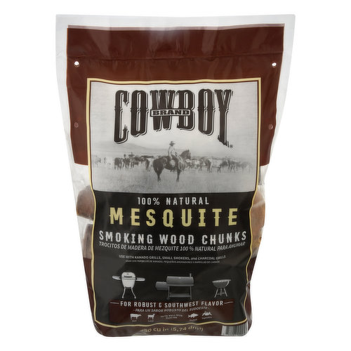 350 cu in (5,74 cu dm). 100% natural. Use with gas grills, kamado grill, electric smoker, and charcoal grills. For robust & southwest flavor. Pairs well with: Beef; Lamb; Seafood; Vegetables. For big, bold flavor, mesquite is what you need. Mesquite is popular in the Southern United States, especially Texas, where BBQ means beef. With its rich, distinct flavor, mesquite wood ideally pairs with brisket, steak, and other cuts of beef, but it also complements other meats such as pork and lamb. It can be used with lighter meats such as chicken but may be overpowering. Mix it with mild flavors like oak to customize your blend. All of our wood is heat treated to a minimum interior temperature of 71 degrees C for at least 75 minutes. Heat treatment eliminates pests and prevents mold. For more information, visit: www.cowboycharcoal.com/heat-treatment. cowboycharcoal.com. For more information about this and other great Cowboy products, visit cowboycharcoal.com. Made in USA.