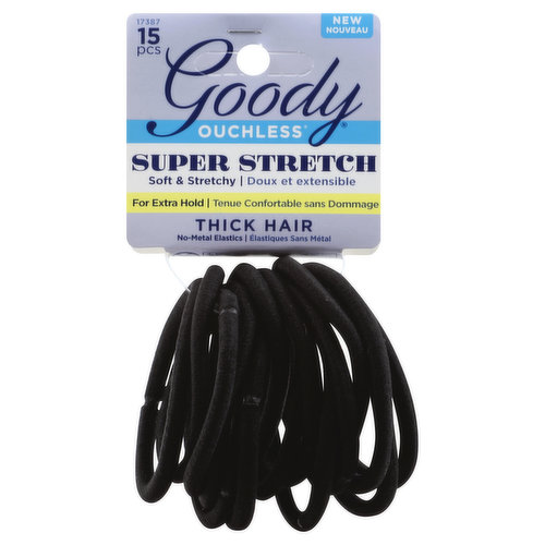 Soft & stretchy. New. For extra hold. Facebook. Instagram. Look good, (hashtag)FeelGoody. (at)goodyhair & goody.com. We would love to hear from you: 1.800.241.4324. Made in China.