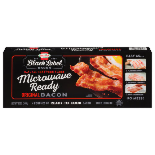 Whether chopped up for a salad, served with eggs, or used in all of your favorite bacon recipes, cooking great tasting bacon doesn't get any easier. Just pop one of the HORMEL BLACK LABEL Microwave Ready Bacon pouches into your microwave and let your kitchen — or hotel room, dorm, or RV — fill with the delicious smell of bacon while it cooks. Skip the prep and clean up, but keep the taste. Slowly smoked to perfection, HORMEL BLACK LABEL bacon is serious bacon for serious bacon lovers — or anyone ready to become one! WE’RE ALWAYS THE NEW BLACK.