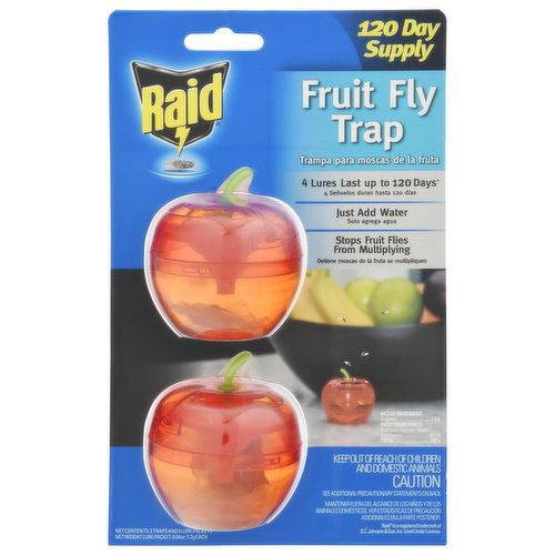 120 Day supply. 4 Lures last up to 120 days (1 lure packet per use. Replace after 30 days). Just add water. Stops fruit flies from multiplying. The Raid Fruit Fly Trap protects fruit and reduces fruit flies. The Raid Fruit Fly Traps captures the flies and keeps them out of sight. Once water is added, the trap is effective for up to 30 days or until the trap becomes full, whichever comes first.