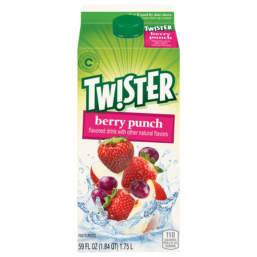 Pasteurized. Great tasting, all day refreshment! Twister fruit punch satisfies your thirst with great berry flavor.