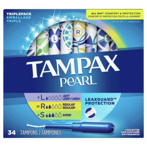 It’s time to Tampax and live your life without limits. Get incredible all day comfort and protection for up to eight hours with Tampax Pearl tampons. Choose from five different absorbencies to match your changing flow. Got leaks? Go up an absorbency. Uncomfortable to remove? Go down an absorbency. Designed with a LeakGuard Braid to help stop leaks before they happen. Tampax Pearl Light/Regular/Super Absorbency provides protection you can feel good about. Free of dyes, perfume, latex*, BPA, and elemental chlorine bleaching. Plus, inserting the tampon is made easy thanks to the applicator’s Anti-Slip Grip, while Tampax FormFit protection lets it gently expand to your individual shape. 

Ready to ditch the leaks? Get amazing protection with Tampax, the #1 U.S. Gynecologist recommended tampon brand**. Discover your perfect flow combo and get the protection you need.

*natural rubber latex
**based on 2020 survey