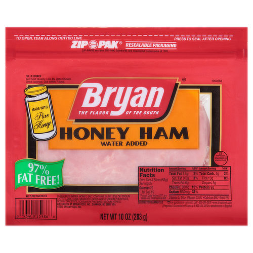 Enjoy the home-cooked flavors of the South with Bryan Honey Ham Deli Lunch Meat. Sliced and sweetened with a touch of honey, this ham is juicy, flavorful and 97% fat-free. Fully cooked and ready-to-eat , this lunch meat is a tasty addition to your sandwiches and wraps. Serve with mild cheddar cheese and tomato on toasted sourdough for a classic ham and cheese sandwich. Includes one 10 oz package of honey ham deli lunch meat. At Bryan Foods, everything we do is rooted in our Southern tradition. Founded by John H. Bryan, Sr. and his brother W.B. Bryan in West Point, Mississippi, Bryan Foods offers products that have been family favorites since 1936. Today, this legacy continues through our commitment to quality and the unique blend of spices in the original family recipes that we still use.