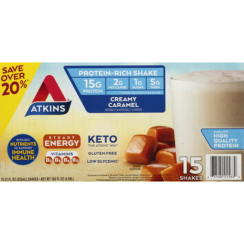 Naturally & artificially flavored. 15 g protein; 2 g net carbs (total carbs (7 g) - fiber (5 g) = 2 g Atkins net carbs); 1 g sugar; 5 g fiber. Contains 10 g of total fat per serving. Keto the Atkins way (Product designed to be used with the Atkins ketogenic programs. Visit Atkins.com/how-it-works/keto). Gluten free. With key nutrients to support immune health (a good source of Vitamin D, B6 and B12, Folate, Zinc and Selenium. Enjoy as part of a healthy diet and lifestyle). Low glycemic (Glycemic load of under 10). Vitamins B3; B5; B6; B12. Contains a bioengineered food ingredient. Save over 20% (savings on a per unit basis vs. average 4-pack non-promotional grocery retail price). Made with high quality protein. No artificial growth hormones. No significant difference has been shown between milk derived from rbST-treated and non rbST-treated cows. Hidden sugar effects? It's common knowledge that consuming foods with large amounts of sugar may cause your blood sugar to spike. But, did you know other types of carbohydrates may have the same effect on blood sguar? We call this the hidden sugar effect. It's why a medium size bagel has the same impact on blood sugar as eating 8 teaspoons of sugar! (Based on glycemic load). Add that's just one example many foods loaded with simple or refined carbs can have a similar impact on blood sugar. But at Atkins, we've designed all of our delicious bars, shakes, and treats to limit simple and refined carbohydrates to help minimize the hidden sugar effect. Blood sugar impact bagel = 8 teaspoons. Atkins.com. Learn more at Atkins.com. Find our mroe about the hidden sugar effect at atkins.com. Try all of Atkins delicious meal, snack, treat and shake varities!