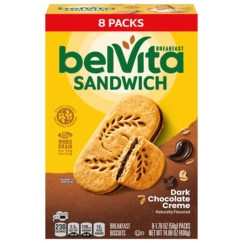 Start your morning off right with delicious belVita Breakfast Sandwich Dark Chocolate Creme Breakfast Biscuits. Featuring luscious dark chocolate flavored creme between two breakfast biscuits, these breakfast biscuits make a delicious instant breakfast food. Specially baked, these BelVita bulk breakfast sandwich cookies contain slow-release carbs that break down gradually in the body to deliver delicious, steady energy all morning long so you can enjoy these with your morning coffee, yogurt and fruit or as an instant breakfast food no matter what the morning brings. Each 50 gram serving contains 15 grams of whole grain and 3 grams of fiber for a wholesome and delicious alternative to a traditional chocolate breakfast bar. A simple addition to your morning, these cholesterol-free bulk biscuits for breakfast contain no high-fructose corn syrup and no artificial colors, flavors or sweeteners. What are you waiting for? These convenient breakfast biscuits made with wholesome grains are a great alternative to traditional breakfast snacks. These bulk chocolate biscuits are also energizing alternatives to snack bars and wholesome additions to college care packages. Each individual pack contains 2 belVita Breakfast Sandwich Breakfast Biscuits for you to enjoy on the go, at the office or at home for lasting morning energy. RECALLED PRODUCT: Mondelēz Global LLC Conducts Voluntary Recall of Two Varieties of belVita Breakfast Sandwich Products Sold in the United States Due to Undeclared Peanut Allergen