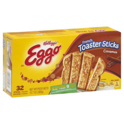 32 sticks (8 slices). No artificial colors or flavors. 9 vitamins and minerals. See nutrition information for sodium content. Per 2 Slices: 220 calories; 1.5 g sat fat (8% DV); 500 mg sodium (22% DV); 15 g sugars. A tasty start with endless possibilities. Classic. On the go. Savory. Kellogg's Family Rewards. Go to KFR.com to learn more. Collect points. Earn rewards. Two easy ways to collect points! how2recycle.info. Certified 100% recycled paperboard. Questions or comments? Visit: kelloggs.com. Call: 1-800-962-1413. Provide production code on package. Facebook: Facebook.com/eggo.
