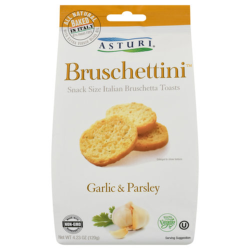 All natural with extra virgin olive oil. The joy of good eating. Live. Love. Snacks. Our all natural Asturi Bruschettinis originate from the scenic region of Piedmont in northern Italy - a breathtaking land with towns nestled in the foothills of the Alps, rich in history and tradition, and recognized for its sumptuous cuisine and fine wines. Our Italian bruschetta mini toast is baked using only the highest quality virgin olive oil and the finest garlic and parsley. We use a unique blend of wheat flour and durum wheat semolina for a firm yet crispy texture. This gourmet snack is made using age-old artisanal methods, including a double-baking technique, which results in a delicious homemade taste. We take our time to make it right by utilizing a 22-hour natural leavening process for the dough ensuring quality and flavor in every bite. They are the perfect snack all by themselves or topped with almost anything. Truly a great compliment for any occasion. Best of all, we use no milk, cheese, eggs, or honey in our recipe, making it ideal for vegan lifestyles! You can snack guilt free because our delicious Bruschettinis are baked with: 100% natural and simple ingredients; 100% olive oil. No artificial colorings. no preservatives.