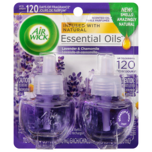 Up to 120 days of fragrance (per pack based on low setting). New! Smells amazingly natural. Infused with natural essential oils. Up to 120 days (per pack based on low setting). Scratch & sniff. Use with Air Wick plug-in diffuser. Great fragrance: Infused with natural essential oils. Free from: Phthalates. Health. Hygiene. Home.