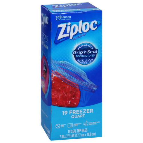 Ziploc Seal Top Bags, Freezer, Quart - 19 bags