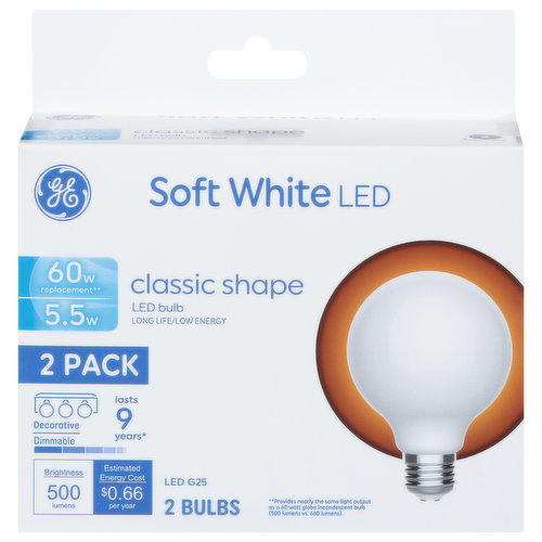 GE Light Bulbs, LED, Classic Shape, Soft White, 5.5 Watts, 2 Pack