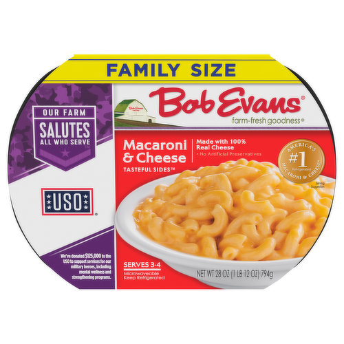 Farm-fresh goodness. No artificial preservatives. Americas No. 1 refrigerated macaroni & cheese (Source: IRI Scan sales data total US 52 weeks ending January 1, 2023). Serves 3-4. Microwaveable. Our farm salutes all who serve. We’ve donated $125,000 to the uso to support services for our military heroes, including mental wellness & strengthening programs. Our farm salutes helps the uso provide valuable programs and services to our military heroes. We are proud to partner with the uso to support mental wellness and strengthening programs for our U.S. Military members. To learn more and to find out how you can get involved visit: www.uso.org.