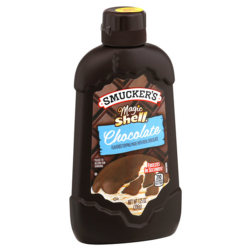 Flavored topping made with real chocolate. 210 calories per 2 tbsp. Filled to allow for shaking. Feezes in seconds! smuckers.com. Comments? 1-888-550-9555 smuckers.com.