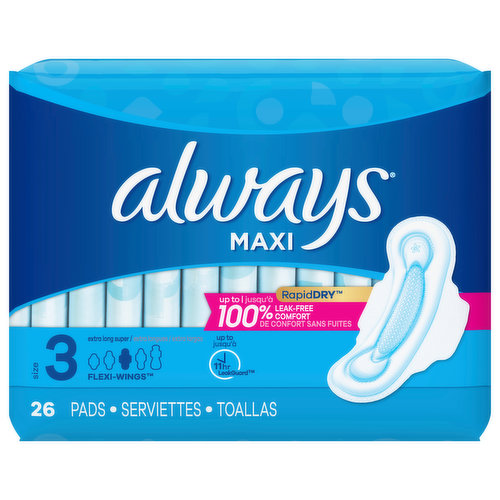 Get up to 100% leak-free comfort with Always Maxi pads. Always features RapidDRY, which absorbs quickly to help you stay clean and dry. Did you know that Always has five sizes so you can find your best fit? For up to 20% more coverage, move one size up. Choose the best protection based on your flow AND panty size with Always MyFit sizing system.  For daytime protection, Always Maxi Size 3 Extra Long Super Pads with Wings have a LeakGuard Core that absorbs in seconds for up to eleven hours of protection, plus 45% better coverage*.  *vs. Always Maxi Regular Pads with Wings