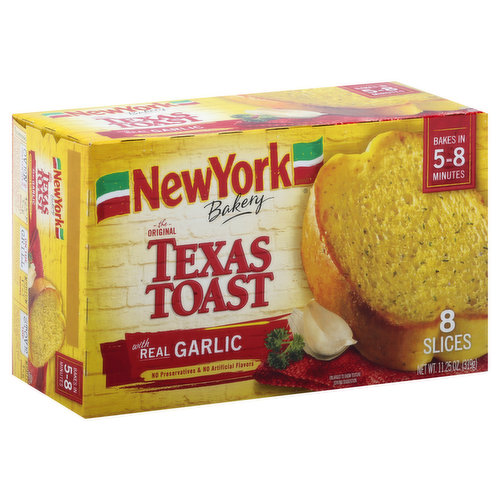 No preservatives & no artificial flavors. Bakes in 5-8 minutes. Every loaf is baked from scratch. That's why it tastes so good. - Don Penn, 3rd Generation NYB Baker. Real Garlic: mean real flavor! Freshly Baked: Our toast is sliced from loaves. Our passion for breadmaking stretches back 90 years. Visit us at: www.NYBakery.com. Questions or comments? 1-888-208-0797.