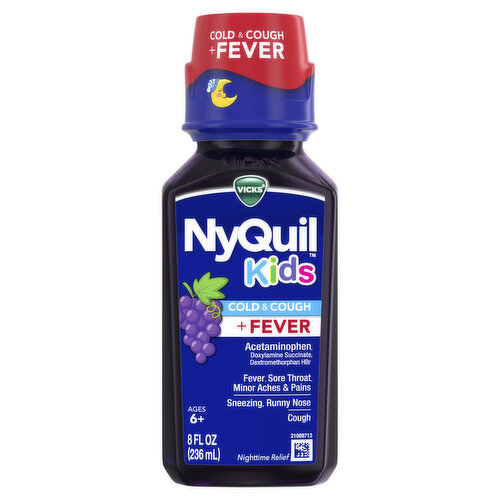 Vicks NyQuil Kids Grape Cold & Cough + Fever Multi-Symptom Relief Liquid, Specially Formulated for Kids Ages 6+