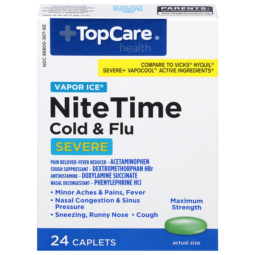 TopCare Cold & Flu, NiteTime, Severe, Maximum Strength, Vapor Ice, Caplets