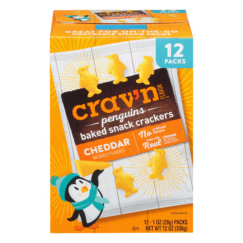 Crav'n Flavor Baked Snack Crackers, Cheddar, Penguins, 12 Packs