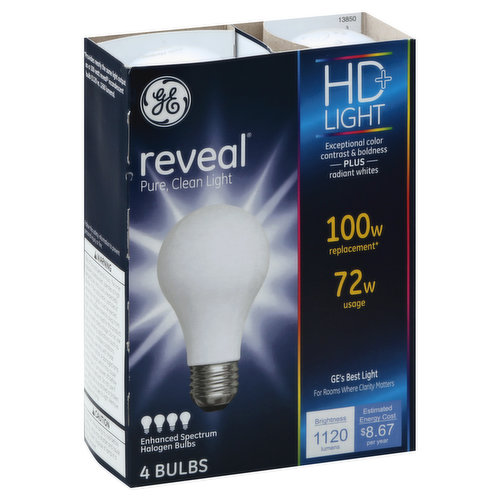 Pure, clean light. Enhanced spectrum halogen bulbs. HD+ light. Exceptional color contrast & boldness plus radiant whites. 100 W replacement (Provides nearly the same light output as a 100 watt reveal incandescent bulb (1120 vs. 1260 lumens)). 72 W usage. GE's best light for rooms where clarity matters. Brightness: 1120 lumens. Estimated Energy Cost: $8.67 per year. Light that's just right. Light has the ability to do more than just light a room - it can influence that mood and atmosphere of the surrounding space, and it can affect how we work and live. High definition light is tailored for every room to match the right light to the right space. Reveal is GE's best light. Reveal's enhanced color spectrum makes whites appear whiter and delivers incredible contrast between colors for exceptional clarity. Reveal is perfect for detailed tasks and beautiful spaces. Use Reveal light in spaces like kitchens, bathrooms, as well as craft and hobby where clarity matters most. See just how vivid can be with GE's high definition light. GE HD bulbs enhance the appearance of colors. Experience the difference with bolder colors and enhanced contrast vs. standard GE bulbs. Greater color contrast vs. standard bulbs + More vivid colors + whites appear whiter. Made in Hungary. Brightness Quantity: 1120 lumens. Energy Info: $8.67 Based on 3 hrs/day, 11 cents/kWh. Cost depends on rates and use. 72 watts. Package Info: 4. Bulb Info: Halogen. Screw. Bulb Life: 0.9 years Based on 3 hrs/day. Bulb Appearance: 3000 k.