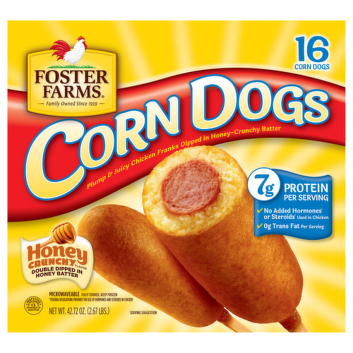 Family owned since 1939. Microwaveable. Fully cooked. Dip'em, munch'em, everybody loves'em! Easy to heat & eat. They're fun-tastic anytime! Foster Farms Corn Dogs have the just right combination of plump, juicy hot dogs dipped in honey-crunchy batter. Double dipped in honey batter. At Foster Farms we are committed to agricultural practices that are in harmony with nature and the environment. For more information please visit our website at www.fosterfarms.com.