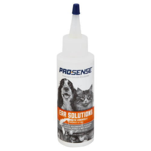 Proactive. Sensible. Solutions. Helps relieve discomfort & scratching by removing debris & wax buildup (when used as directed). Questions or comments? Call 1-800-645-5154 or visit our website at www.prosensepet.com. www.prosensepet.com. Pro-Sense Ear Cleanser Solutions has an enzymatic formula that helps fight bacteria and yeast. Our enzymatic formula promotes odorless and clean ears when used as directed. Proactive Wellness: For a proactive approach to your dog's overall wellness, add a nutritional supplement like a Pro-Sense Joint Solution to your daily routine. For cats and dogs only.