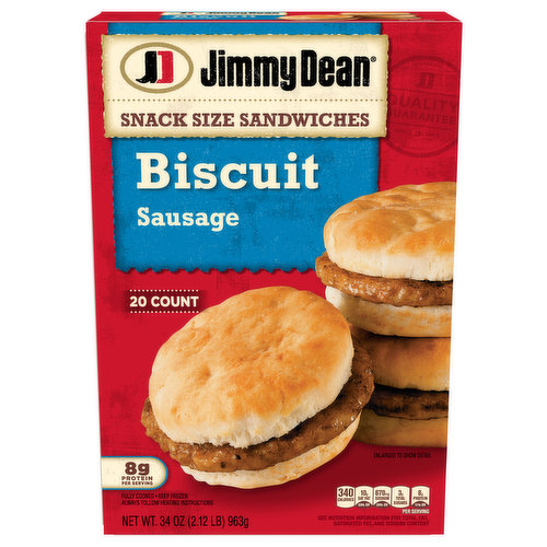 The best days start with sausage and biscuits. Featuring seasoned pork sausage patties on mini golden baked biscuits, Jimmy Dean Frozen Snack Size Sausage Biscuit Sandwiches are delicious to the last bite. With 8 grams of protein per serving, these tasty little sandwiches are perfect for breakfast or snacking. Simply microwave and serve for a warm biscuit sandwich at home or on-the-go. Includes 20 biscuit sandwiches. Jimmy Dean once said, "Sausage is a great deal like life. You get out of it what you put in." Which pretty much sums up his magic formula for having a great day. Today, Jimmy Dean Brand brings you many ways to add some sunshine to your morning. Because today's your day to shine on.