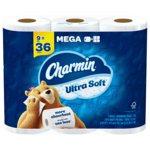 Charmin Ultra Soft is our softest toilet paper ever so it is harder than ever to resist! It is 2X more absorbent versus the leading bargain brand. When you buy Charmin Ultra Soft Mega Roll toilet paper you get a big, long-lasting roll because one Charmin Mega Roll equals 4 Regular Rolls*. Also, Charmin Ultra Soft bath tissue is 2-ply and septic-safe. We all go to the bathroom, those who go with Charmin Ultra Soft toilet paper really Enjoy the Go!
(*based on number of sheets in Charmin regular roll bath tissue)