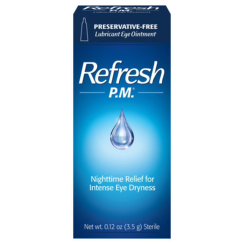 REFRESH PM Lubricant Eye Ointment provides nighttime relief from intense burning, irritation, and discomfort due to eye dryness. This preservative-free formula soothes your eyes while you sleep and protects them from nighttime dryness due to exposure. Ideal for use at bedtime. TRUST YOUR EYES TO REFRESH—#1 doctor recommended with over 30 years of experience.* (*REFRESH Family of Products, Ipsos Healthcare, 2021 REFRESH ECP Recommendation Survey.)