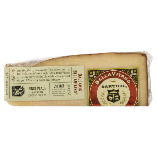An absorbing discovery: The sweet, nutty fruity flavors of our sought-after Bella Vitano are even more desirable with a few prized drops of Modena balsamic vinegar. Master's Mark Wisconsin. First place - American Cheese Society. rBST free. No significant difference has been found in milk from cows treated with artificial hormones. The Sartori family is dedicated to making the best cheese in the world. We thank our great dairy-farming families in Wisconsin for sharing their premium milk and conversation with our expert cheesemakers since 1939. www.sartoricheese.com.