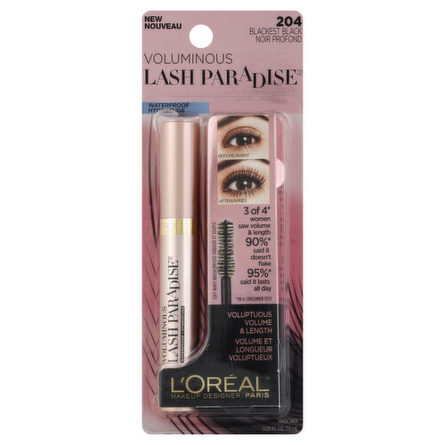 L'Oreal Mascara, Waterproof, Lash Paradise, Blackest Black 204