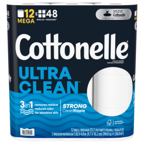 Discover the power of all day fresh feeling with Cottonelle Ultra Clean Toilet Paper. With Cottonelle Ultra Clean Toilet Paper, you get 12 Mega Rolls of 312 sheets, so you have plenty of toilet paper for you and your loved ones. Our septic-safe, 1-ply toilet tissue paper is 3x stronger** and 2x more absorbent** for a superior clean***. Our toilet tissue rolls are even conveniently designed to fit standard roll holders and each Mega Roll lasts 4x longer than the leading brand’s regular roll. Plus, our bath tissue toilet paper is free of added perfumes and dyes and paraben-free. Use with Cottonelle Flushable Wipes to feel shower fresh! If you love how Cottonelle delivers a confident clean, this is the size for you: Stock up and save with Cottonelle bulk toilet paper. Wondering if our bathroom toilet paper is sustainable? Good news! Our biodegradable bathroom tissue paper is sourced from responsibly managed forests and made with water and renewable plant-based fibers, so you can feel ahhh-mazing whenever you buy Cottonelle. *vs. leading value brand regular rolls **vs. leading value brand ***per sheet vs. leading value brand