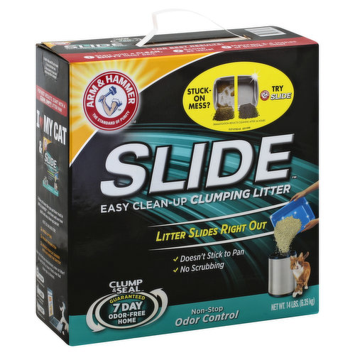 The standard of purity. Stuck-on mess? Try slide. Dramatization reflects cleaning after 24 hours. Litter slides right out. Doesn't stick to pan. No scrubbing. Clump & Seal: Guaranteed 7 Day Odor-Free Home. You may never have to scrub or scrape the litter box again! Our patented formula with EZ Clean Technology means used litter slides right out. Stuck-on messes slide out easily, and that means no scrubbing, no scraping, no odor - no problem! Continuous action formula. The Clump & Seal Guarantee: completely seals odors; destroys odors; rock-hand clumps; dust free. Like all Arm & Hammer Clump & Seal products, this advanced clumping litter forms an odor-containing seal around urine and feces. Then powerful odor eliminators and Arm & Hammer Baking Soda destroy sealed-in odors on contact. For over 165 years, Arm & Hammer products have provided a safe and effective way to help keep things smelling fresh and clean. An odor-free home starts with Arm & Hammer. If you're not completely satisfied, we'll refund your purchase price. I love my cat & Slide. Fellow cat lovers like you put their trust in Arm & Hammer. Join them and see how quick and easy clean-up can be! Visit us online for: special offers; product information; reviews from cat owners who have made the switch! Have you tried our revolutionary, new cat litter? Be sure to tell us how it feels now that clean-up is a breeze. Follow instagram(at)armandhammercat. Like Arm & Hammer on Facebook. Visit ClumpandSeal.com. how2recycle.info. Not recycled in all communities. Questions or comments? Call us toll-free at: 1-800-524-1328 Monday-Friday 9 am - 5 am ET or visit our website at: www.ClumpandSeal.com. Made in the USA with US & foreign ingredients.