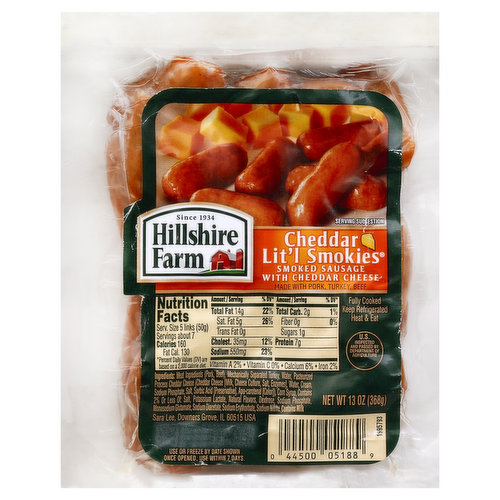 Smoked sausage with cheddar cheese. Made with pork, turkey, beef. Since 1934. Fully cooked. US inspected and passed by Department of Agriculture.
