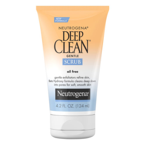 New formula. Gentle exfoliators refine skin, beta hydroxy formula cleans deep down into pores for soft, smooth skin. Neutrogena Deep Clean gentle scrub is the daily cleansing scrub with beta hydroxy proven to clean deep down into your pores, yet is gentle enough to use every day. Skin looks and feels soft and smooth after just one use. Beta hydroxy formula penetrates deep into pores to remove pore clogging dirt and oil. Gentle exfoliators remove dull, dead surface skin. Its rich, foaming creamy lather rinses clean. Skin is instantly softer, smoother, healthier-looking and refreshed. Dermatologist-tested formula. Non-comedogenic. www.neutrogena.com. Questions? 800-582-4048; outside US, dial collect 215-273-8755 or www.neutrogena.com.
